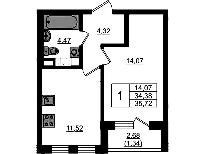 1-комнатная квартира 35.72 м², 4/4 эт., ЖК «Новая история»